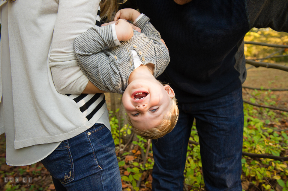 Quiet Waters Park Annapolis Maryland little boy held upside down laughing photo by Leo Dj Photography.