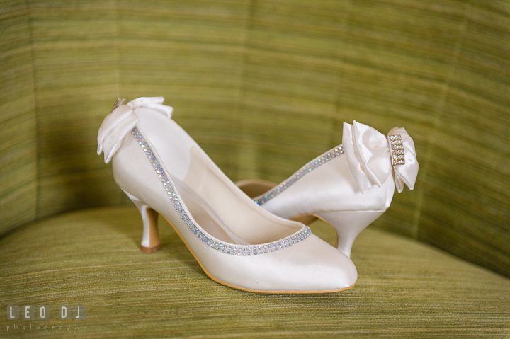 Bride's wedding shoes. The Tidewater Inn Wedding, Easton Maryland, getting ready photo coverage by wedding photographers of Leo Dj Photography. http://leodjphoto.com