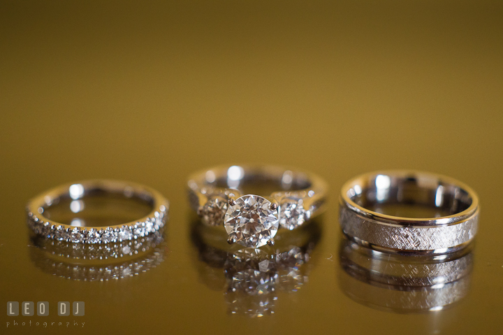 Bride and Groom's wedding bands and diamond engagement ring. The Tidewater Inn Wedding, Easton Maryland, getting ready photo coverage by wedding photographers of Leo Dj Photography. http://leodjphoto.com