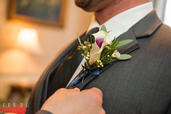 Close up shot of Groom's boutonniere. The Tidewater Inn Wedding, Easton Maryland, getting ready photo coverage by wedding photographers of Leo Dj Photography. http://leodjphoto.com