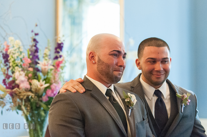 Groom emotional seeing Bride the first time in her wedding dress. The Tidewater Inn Wedding, Easton Maryland, ceremony photo coverage by wedding photographers of Leo Dj Photography. http://leodjphoto.com