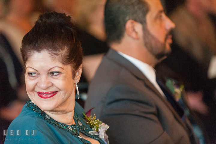 Groom's aunt emotional and smiling during the ceremony. The Tidewater Inn Wedding, Easton Maryland, ceremony photo coverage by wedding photographers of Leo Dj Photography. http://leodjphoto.com