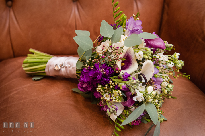 Purple and violet flower bouquet for the Bride by florist Seaberry Farm. The Tidewater Inn Wedding, Easton Maryland, ceremony photo coverage by wedding photographers of Leo Dj Photography. http://leodjphoto.com