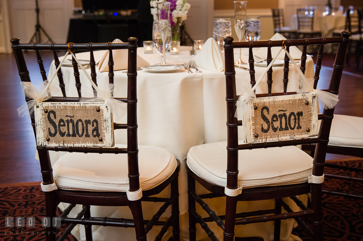 Senora and Senor signs on the sweet heart table chairs. The Tidewater Inn Wedding, Easton Maryland, reception photo coverage by wedding photographers of Leo Dj Photography. http://leodjphoto.com