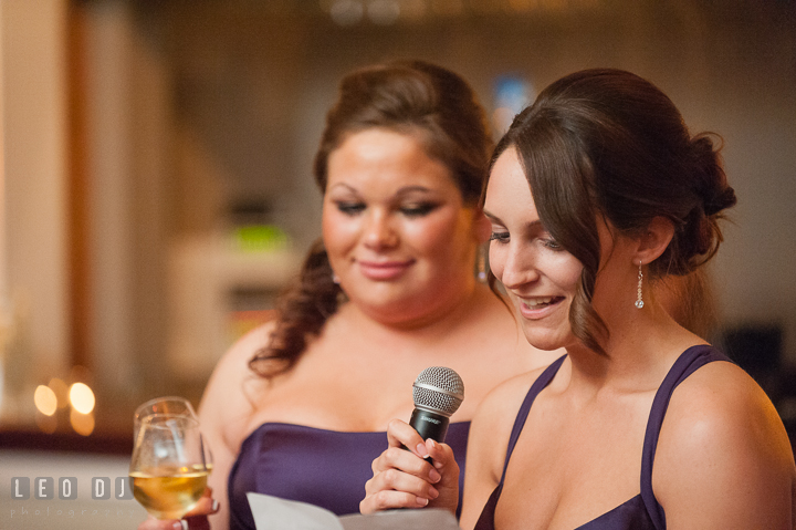 Maid of Honor delivering speech. The Tidewater Inn Wedding, Easton Maryland, reception photo coverage by wedding photographers of Leo Dj Photography. http://leodjphoto.com