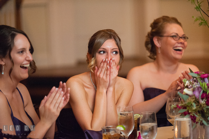 Bridesmaids laughing and emotional hearing stories from Best Man. The Tidewater Inn Wedding, Easton Maryland, reception photo coverage by wedding photographers of Leo Dj Photography. http://leodjphoto.com