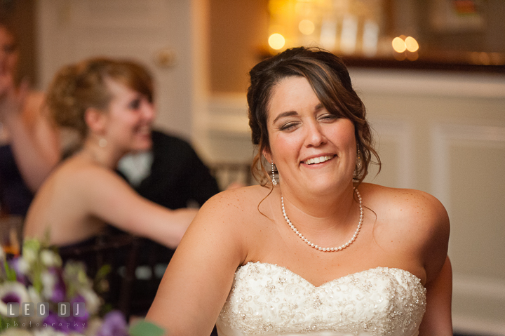 Bride laughing during speech. The Tidewater Inn Wedding, Easton Maryland, reception photo coverage by wedding photographers of Leo Dj Photography. http://leodjphoto.com