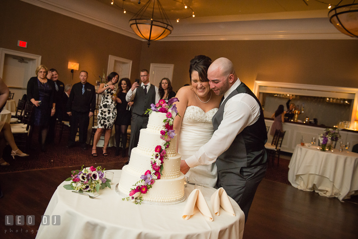 Bride and Groom cutting the wedding cake. The Tidewater Inn Wedding, Easton Maryland, reception photo coverage by wedding photographers of Leo Dj Photography. http://leodjphoto.com