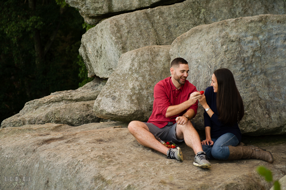 Rocks State Park Bel Air Maryland engaged couple laughing feeding each other stawberries photo by Leo Dj Photography.