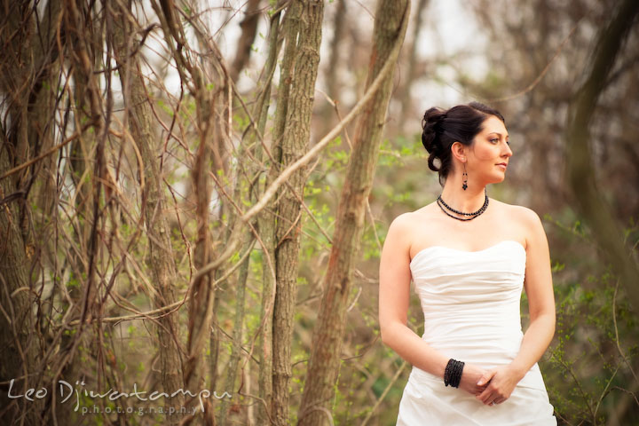 bride in the woods, smiling. Bridal portrait session model photography - Annapolis photographer