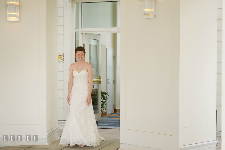 Bride came out from door for first look. Hyatt Regency Chesapeake Bay wedding at Cambridge Maryland, by wedding photographers of Leo Dj Photography. http://leodjphoto.com