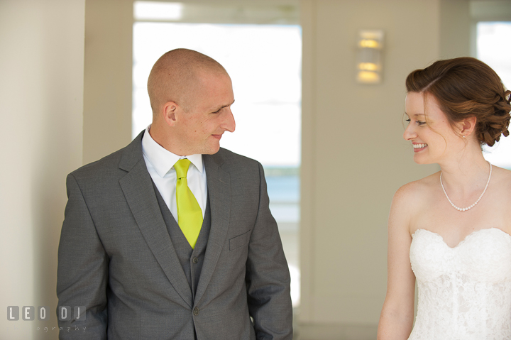 Bride and Groom's eyes meet for the first time during first glance. Hyatt Regency Chesapeake Bay wedding at Cambridge Maryland, by wedding photographers of Leo Dj Photography. http://leodjphoto.com