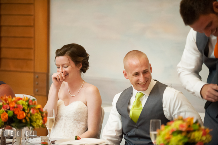 Bride and Groom laughing when Best Man was delivering this toast speech. Hyatt Regency Chesapeake Bay wedding at Cambridge Maryland, by wedding photographers of Leo Dj Photography. http://leodjphoto.com