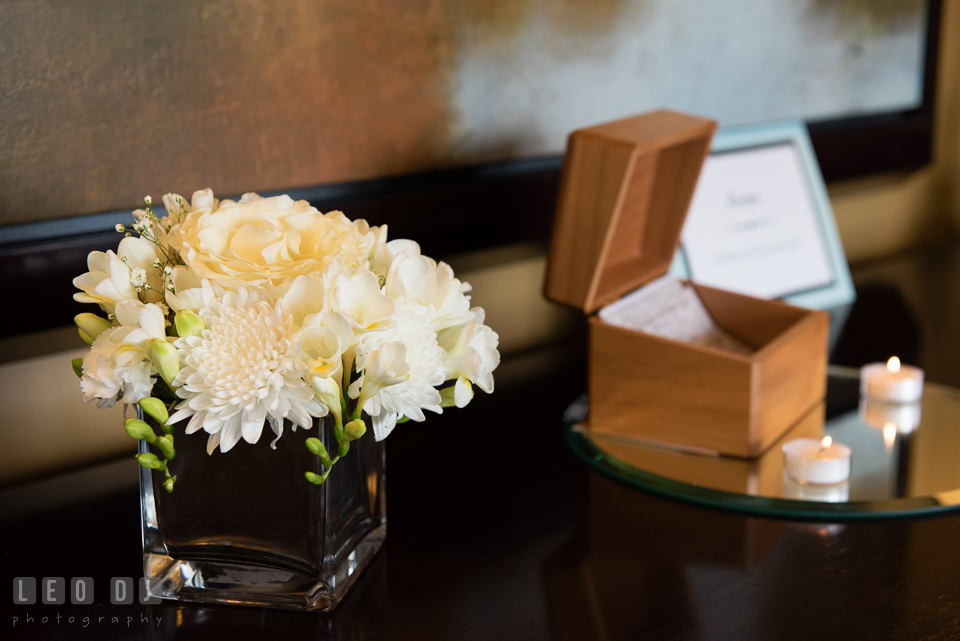 White flower arrangement at the entrance. Historic Events Annapolis bridal shower decor and event coverage at Annapolis Maryland, by wedding photographers of Leo Dj Photography. http://leodjphoto.com