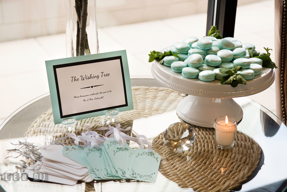 Table setting of wishing tree for guests to hang their well wishes for the Bride and Groom. Historic Events Annapolis bridal shower decor and event coverage at Annapolis Maryland, by wedding photographers of Leo Dj Photography. http://leodjphoto.com