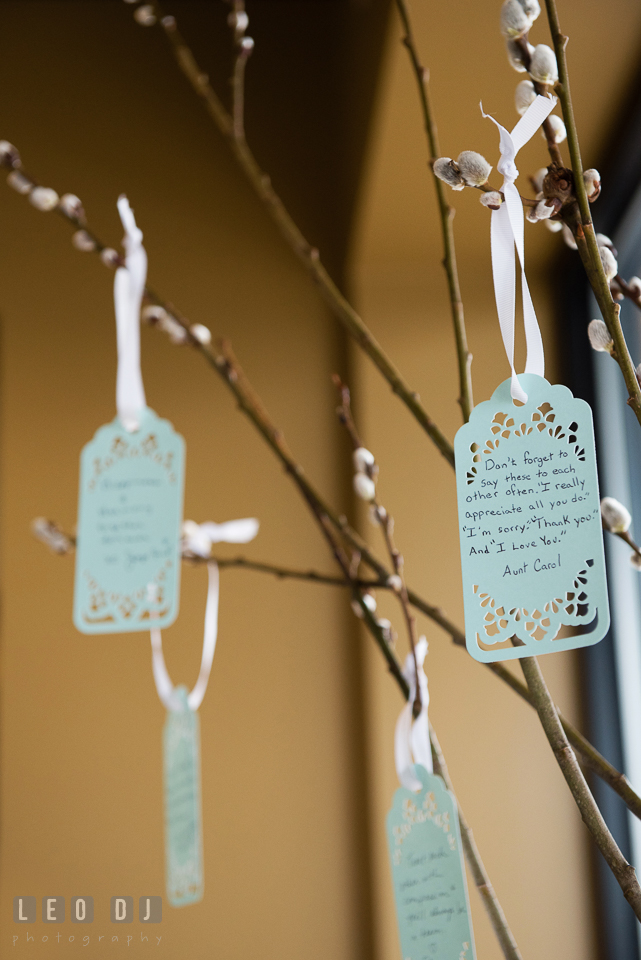 Well wishes from guests on cards hung on tree branches. Historic Events Annapolis bridal shower decor and event coverage at Annapolis Maryland, by wedding photographers of Leo Dj Photography. http://leodjphoto.com