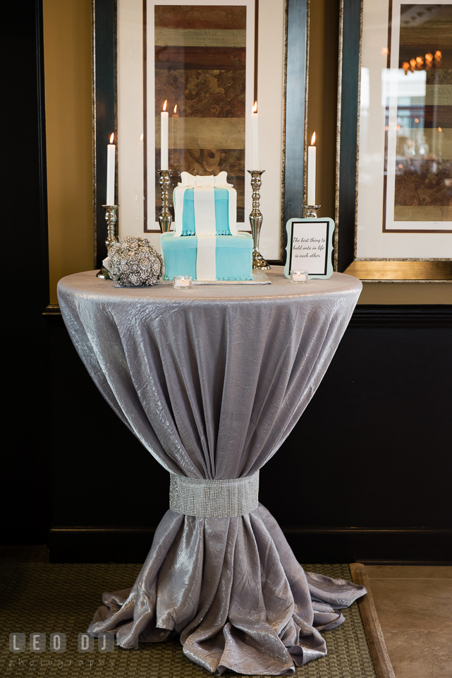 Cake from Peace of Cake, Stevensville, MD set on table with candles and silver linen from Rentals to Remember. Historic Events Annapolis bridal shower decor and event coverage at Annapolis Maryland, by wedding photographers of Leo Dj Photography. http://leodjphoto.com