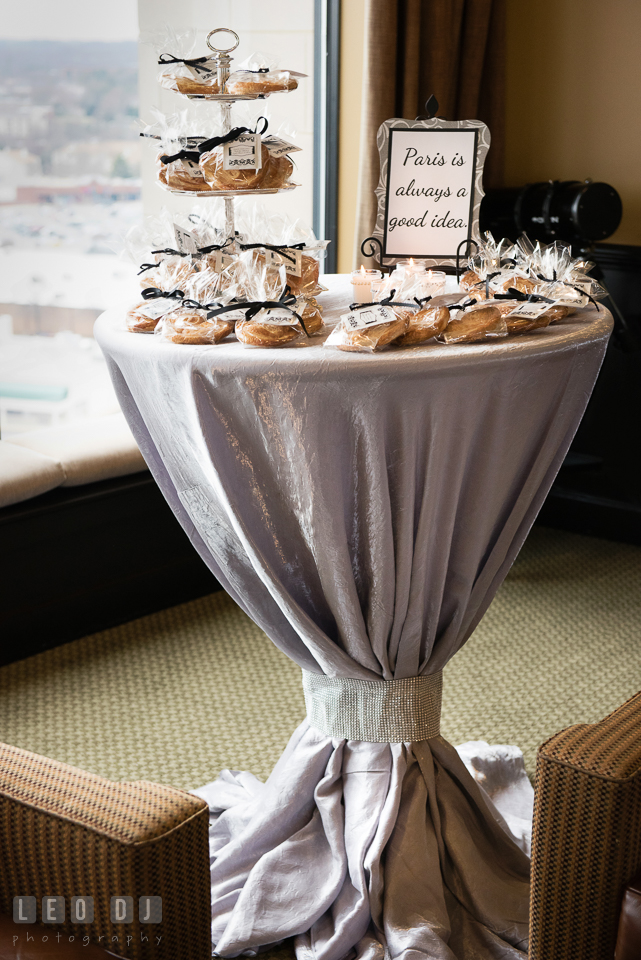 A table of party favor of pastries for the guests. Historic Events Annapolis bridal shower decor and event coverage at Annapolis Maryland, by wedding photographers of Leo Dj Photography. http://leodjphoto.com