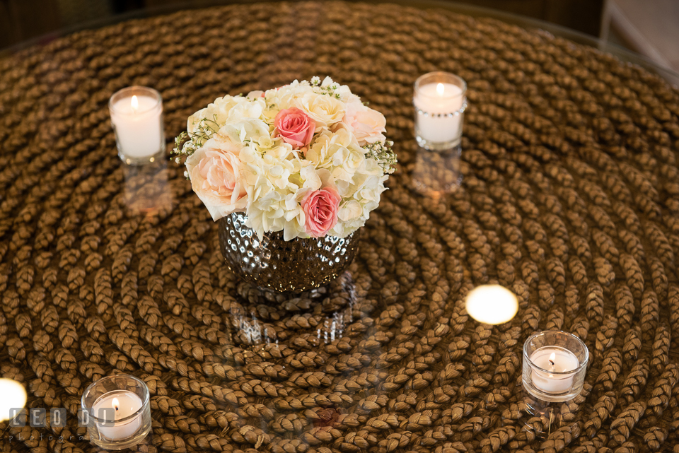 A vase of hydrangea with white and pink roses. Historic Events Annapolis bridal shower decor and event coverage at Annapolis Maryland, by wedding photographers of Leo Dj Photography. http://leodjphoto.com