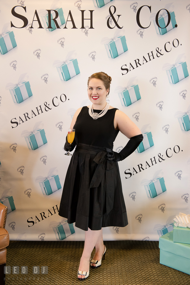 Beautiful Bride-to-be in her little black dress similar to Audrey Hepburn from Breakfast at Tiffany's. Historic Events Annapolis bridal shower decor and event coverage at Annapolis Maryland, by wedding photographers of Leo Dj Photography. http://leodjphoto.com