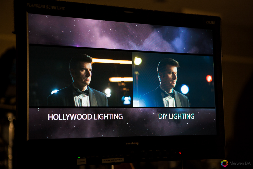 Monitor screen showing comparison of Hollywood versus DIY lighting. Review of MZed Illumination Experience, film making and cinematography Workshop with Hollywood Cinematographer Shane Hurlbut by wedding photographer Leo Dj Photography. http://leodjphoto.com