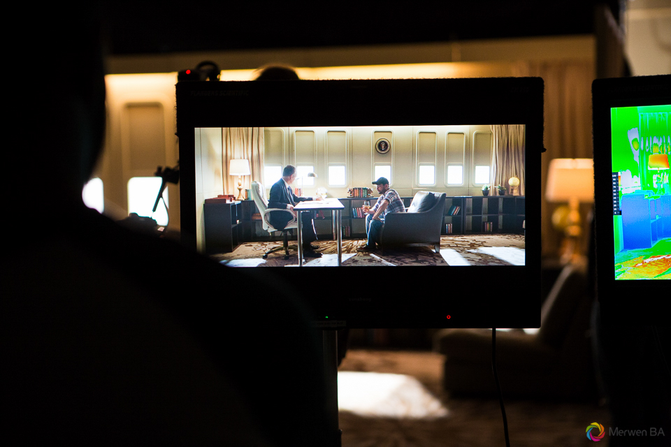 Monitor screen showing a scene in the Air Force One interior from the Swing Vote movie. Review of MZed Illumination Experience, film making and cinematography Workshop with Hollywood Cinematographer Shane Hurlbut by wedding photographer Leo Dj Photography. http://leodjphoto.com