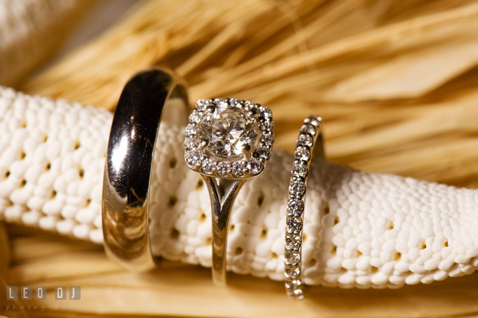 Bride's diamond engagement ring with wedding ring and Groom's wedding band. Kent Island Maryland Chesapeake Bay Beach Club wedding photo, by wedding photographers of Leo Dj Photography. http://leodjphoto.com