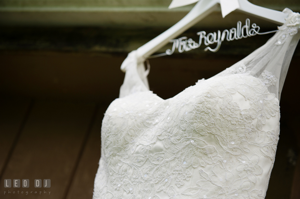 Details of lace on bride's wedding dress from Anjolique. Chesapeake Bay Environmental Center, Eastern Shore Maryland, wedding reception and ceremony photo, by wedding photographers of Leo Dj Photography. http://leodjphoto.com