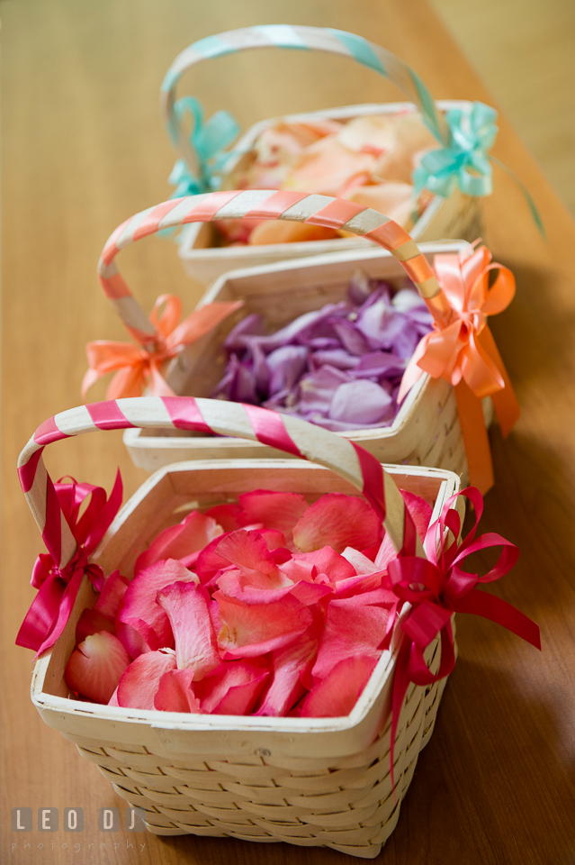 Pink, violet, and salmon rose petals for the flower girls. Chesapeake Bay Environmental Center, Eastern Shore Maryland, wedding reception and ceremony photo, by wedding photographers of Leo Dj Photography. http://leodjphoto.com