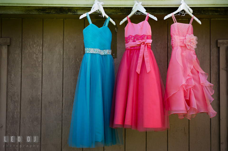 Flower girl dresses with different colors. Chesapeake Bay Environmental Center, Eastern Shore Maryland, wedding reception and ceremony photo, by wedding photographers of Leo Dj Photography. http://leodjphoto.com