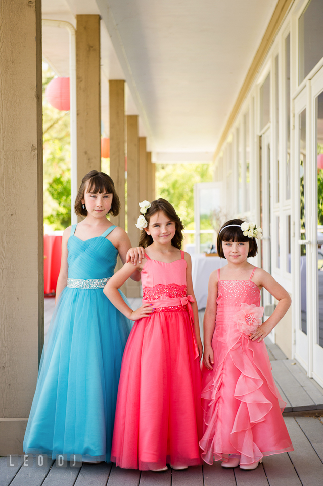 Pretty flower girls posing together before ceremony. Chesapeake Bay Environmental Center, Eastern Shore Maryland, wedding reception and ceremony photo, by wedding photographers of Leo Dj Photography. http://leodjphoto.com