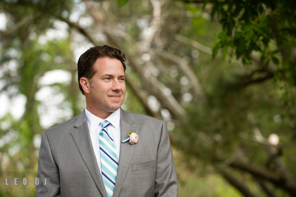 The Groom's first glance at the Bride in her lovely wedding gown. Chesapeake Bay Environmental Center, Eastern Shore Maryland, wedding reception and ceremony photo, by wedding photographers of Leo Dj Photography. http://leodjphoto.com