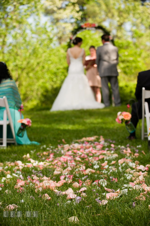 Shades of different rose petals on the aisle. Chesapeake Bay Environmental Center, Eastern Shore Maryland, wedding reception and ceremony photo, by wedding photographers of Leo Dj Photography. http://leodjphoto.com