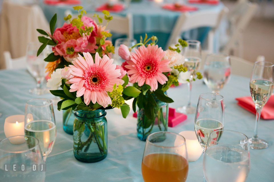 Peonies and gerberas seen all around as ravishing table centerpieces. Chesapeake Bay Environmental Center, Eastern Shore Maryland, wedding reception and ceremony photo, by wedding photographers of Leo Dj Photography. http://leodjphoto.com