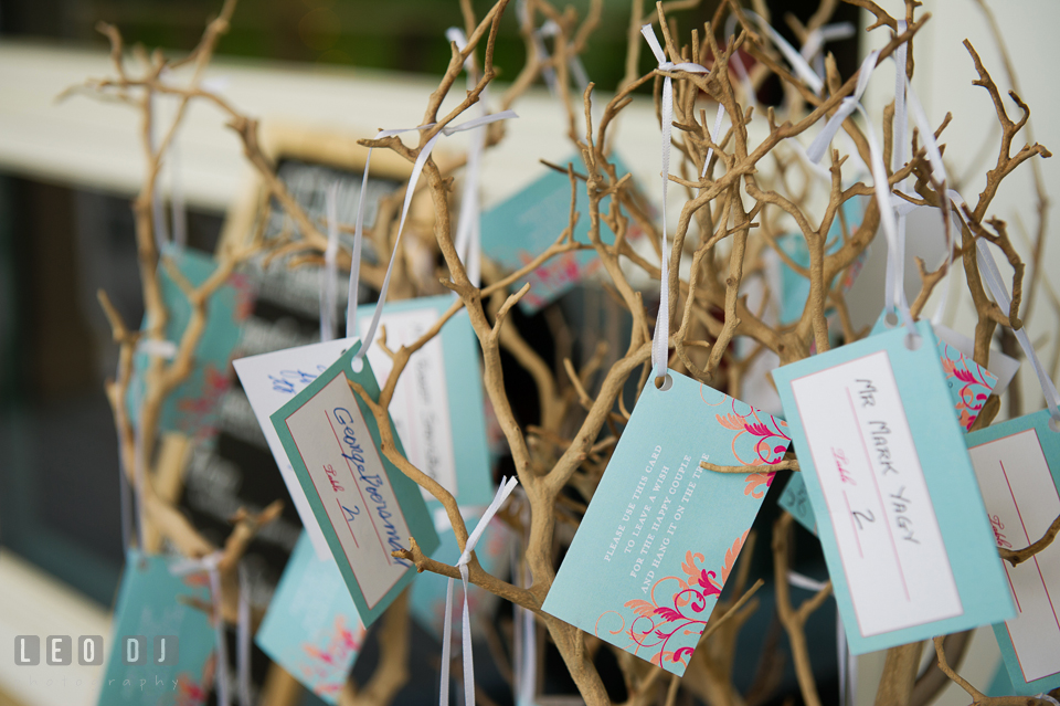 Unique place cards tagged to twigs at the wedding reception venue. Chesapeake Bay Environmental Center, Eastern Shore Maryland, wedding reception and ceremony photo, by wedding photographers of Leo Dj Photography. http://leodjphoto.com