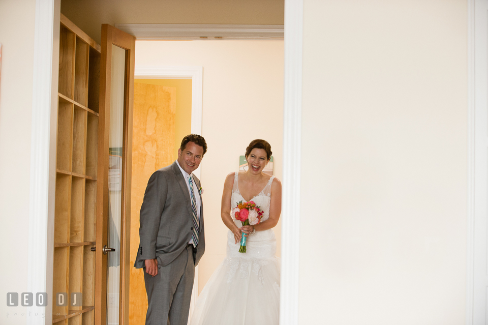 The Bride and Groom, moments before they stepped into the reception venue. Chesapeake Bay Environmental Center, Eastern Shore Maryland, wedding reception and ceremony photo, by wedding photographers of Leo Dj Photography. http://leodjphoto.com