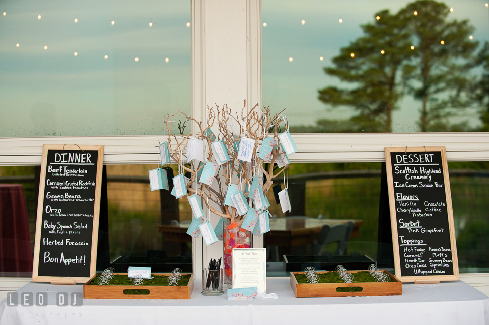 Place cards for guests to sign along with dinner and dessert menu. Chesapeake Bay Environmental Center, Eastern Shore Maryland, wedding reception and ceremony photo, by wedding photographers of Leo Dj Photography. http://leodjphoto.com