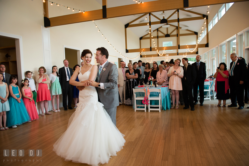 The Bride and Groom's first dance while the guests shed happy tears. Chesapeake Bay Environmental Center, Eastern Shore Maryland, wedding reception and ceremony photo, by wedding photographers of Leo Dj Photography. http://leodjphoto.com