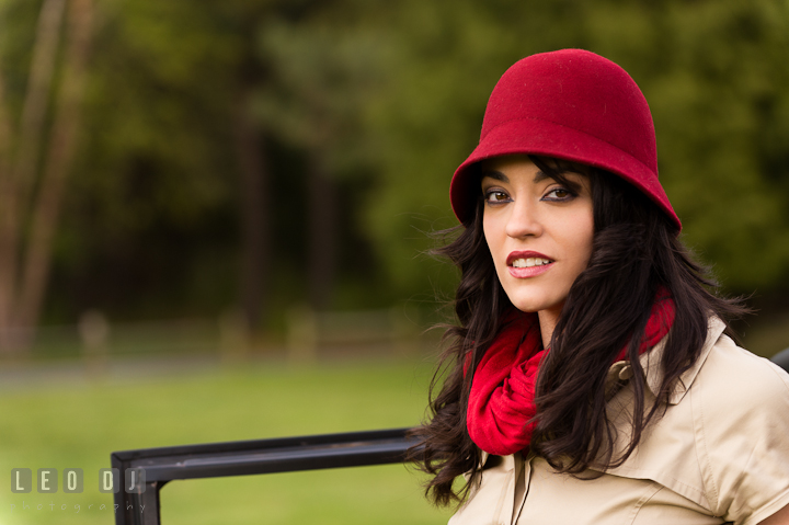 Head portrait of girl wearing red hat and red scarf. Model portrait session with Brittany from Beyond the Veil music Band and her Siberian Husky pet dog at Kent Island, Maryland Eastern Shore by photographer Leo Dj Photography.