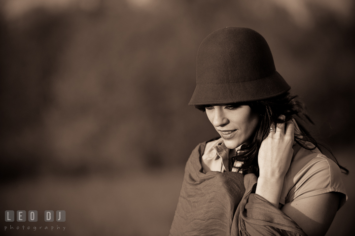 Black and white vintage style photo of girl with hat and scarf. Model portrait session with Brittany from Beyond the Veil music Band and her Siberian Husky pet dog at Kent Island, Maryland Eastern Shore by photographer Leo Dj Photography.