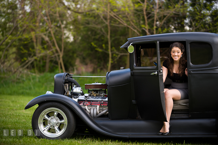 Girl stepping out of an antique Ford car. Eastern Shore, Maryland, Kent Island High School senior portrait session by photographer Leo Dj Photography. http://leodjphoto.com