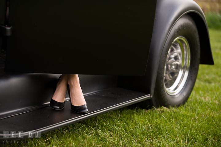 Girl's feet seen stepping out of an antique Ford car. Eastern Shore, Maryland, Kent Island High School senior portrait session by photographer Leo Dj Photography. http://leodjphoto.com