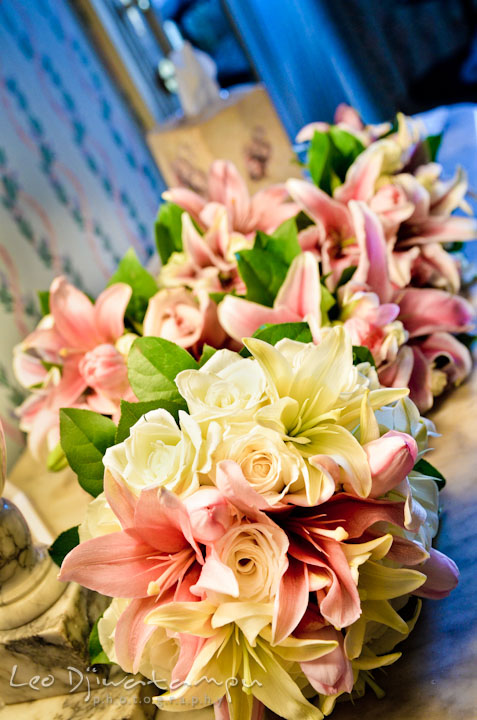 Bride's and bridesmaids' beautiful lilly flower and roses bouquets. Ceresville Mansion Frederick Maryland Wedding Photo by wedding photographer Leo Dj Photography