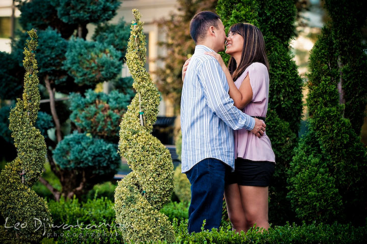Engaged couple holding each other by interesting tree structures. National Harbor, Gaylord National Hotel pre-wedding engagement photo session