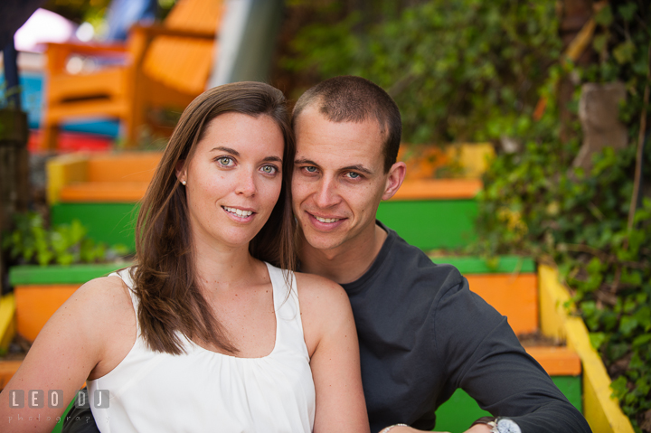 Engaged couple smiling and posing for the camera. Georgetown Washington DC pre-wedding engagement photo session, by wedding photographers of Leo Dj Photography. http://leodjphoto.com