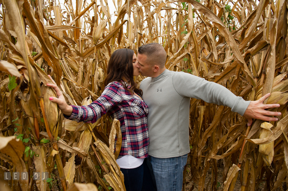 Wye Island Queenstown Maryland engaged couple kissing in between corn stalks photo by Leo Dj Photography.